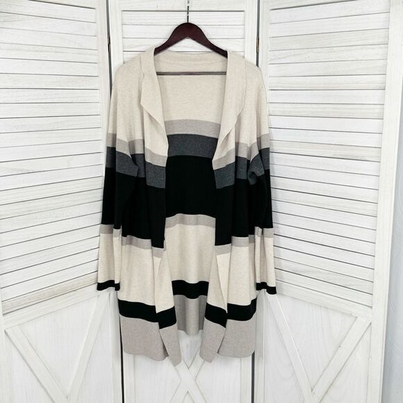 Chico’s Zenergy Cardigan Sweater Striped Colorblock Cotton Cashmere Tan Black XL - Picture 7 of 11